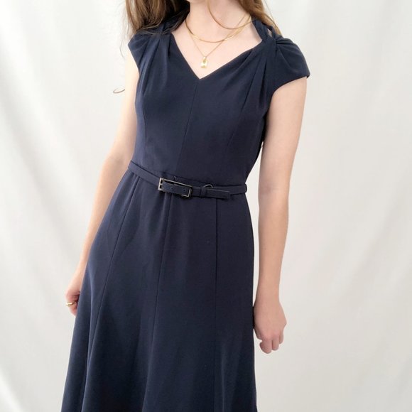 Anne Klein Midi Belted Fit and Flare Navy Blue Dress - Picture 5 of 14